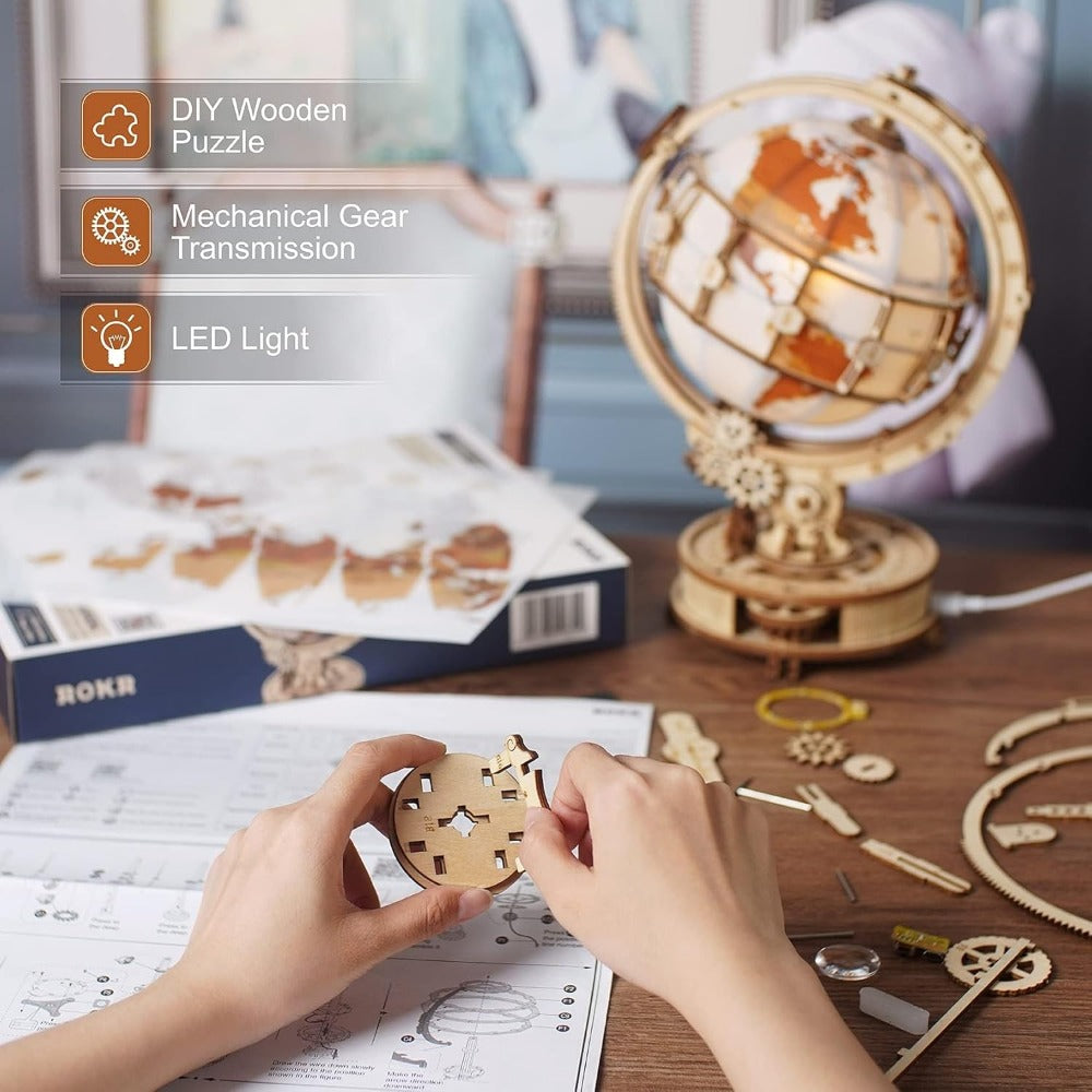 ROKR 3D Wooden Puzzles for Adults Illuminated Globe with Stand 180pcs